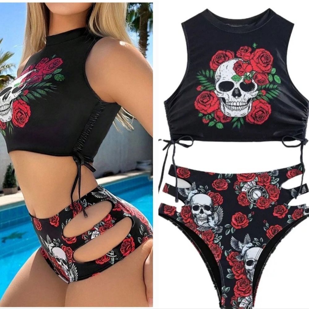 DOLLS KILL Black Skull & Roses Strapy Cinch High Waist Bikini Swimsuit • NWOT